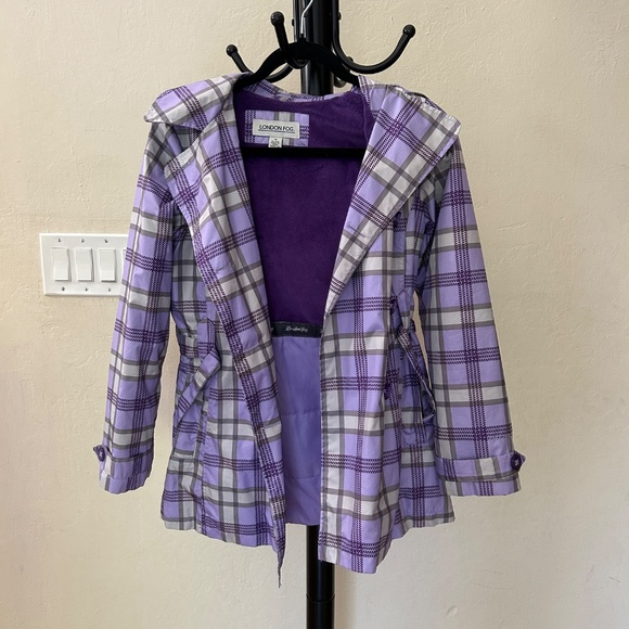 Purple lavender grey plaid belted fitted fleeced lined hooded winter jacket - Picture 4 of 16